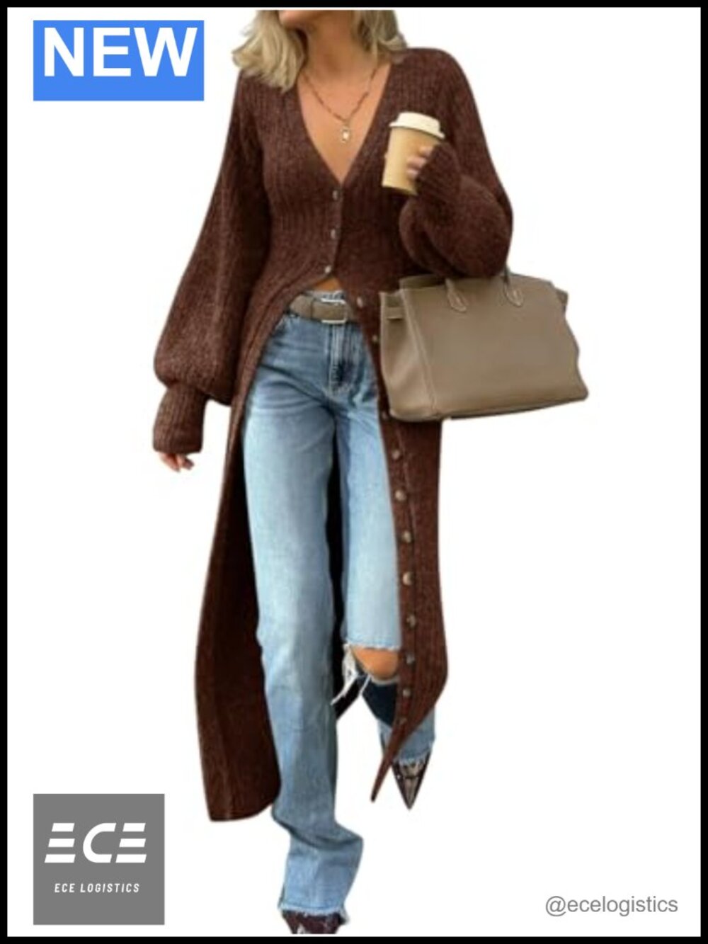 Long Lantern Sleeve Button Down Rib Knit Maxi Cardigan Sweater Coat